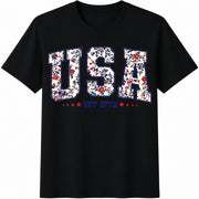 USA Floral Letters Cotton T-Shirt in Black