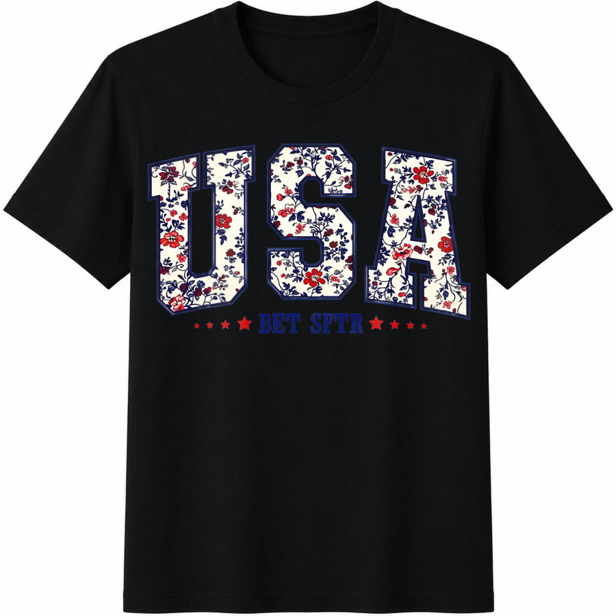 USA Floral Letters Cotton T-Shirt in Black