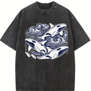 Orcas ® Ocean 90s Retro Sea Animals Vintage Washed T-Shirt in Black
