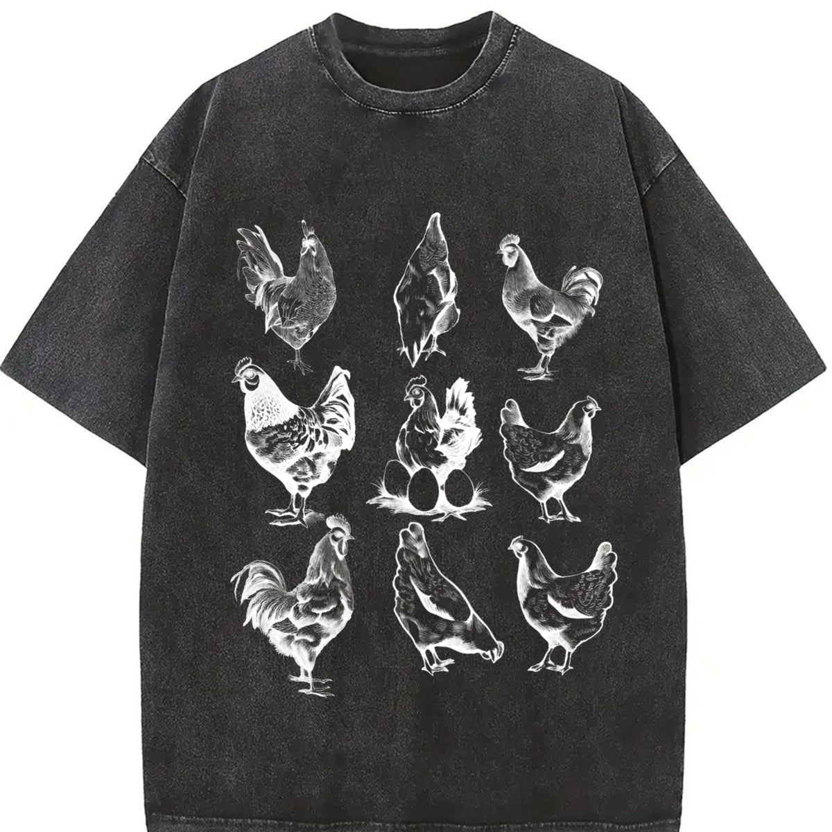 Chickens 1990s Cute Chickens Retro Vintage Washed T-Shirt in Black