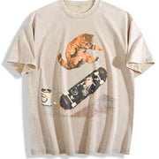 Skateboarding Cat Cats Skate Vintage Washed T-Shirt in Beige