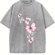 With Pink Butterfly Vintage Washed T-Shirt in Gray