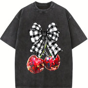 Blouse-compatible Cherry & Bow Vintage Washed T-Shirt in Black