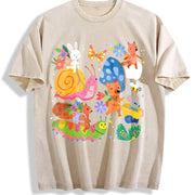 Cute Forest Animals and Mushrooms Vintage Washed T-Shirt in Beige