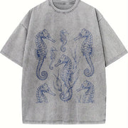 Seahorse 90s Tattoo Vintage Washed T-Shirt in Gray