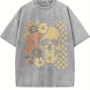 Boho Skull Retro Boho Summerween Vintage Washed T-Shirt in Gray
