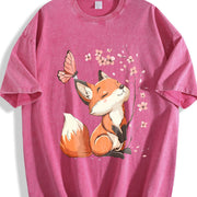 Floral Butterfly Fox Vintage Washed T-Shirt in Red