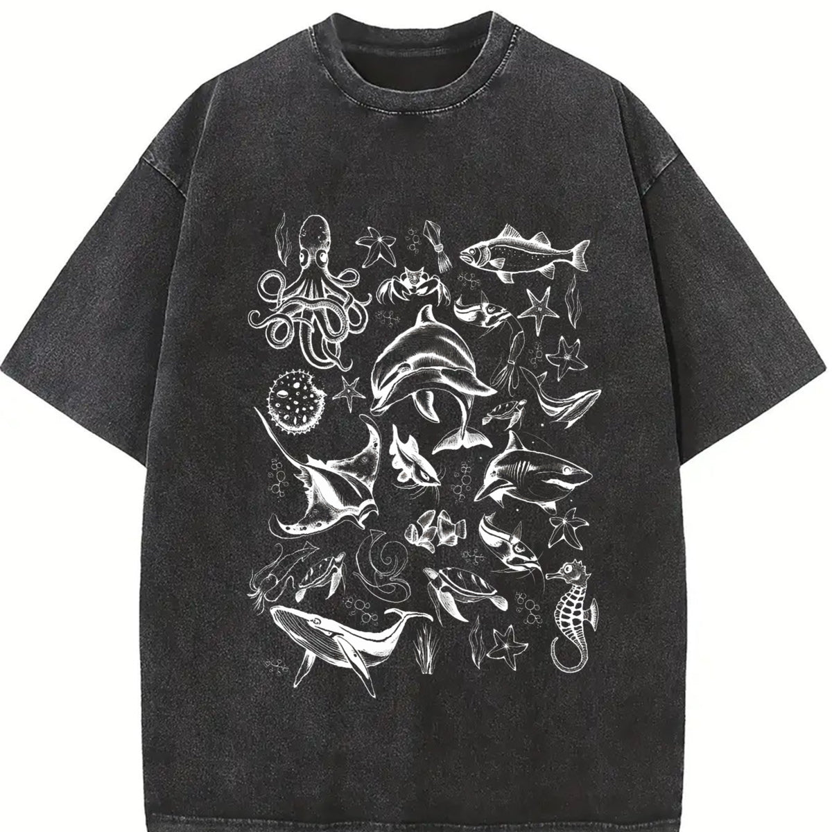 Sea Animal 90s Retro Vintage Washed T-Shirt in Black