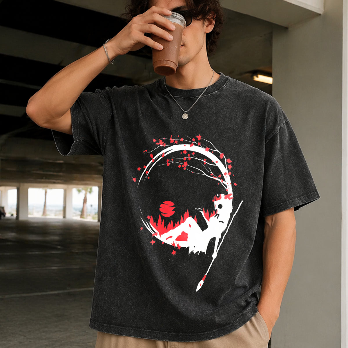 Princess Mononoke Cherry Blossom Vintage Washed T-Shirt in Black