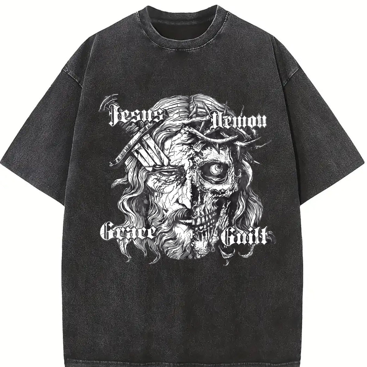 Jesus Demon Skull Tank Vintage Washed T-Shirt in Black