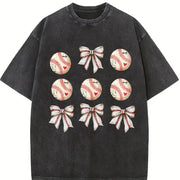 Coquette Baseball Mom Basebal Lover vintage washed oversized T-shirt in Black
