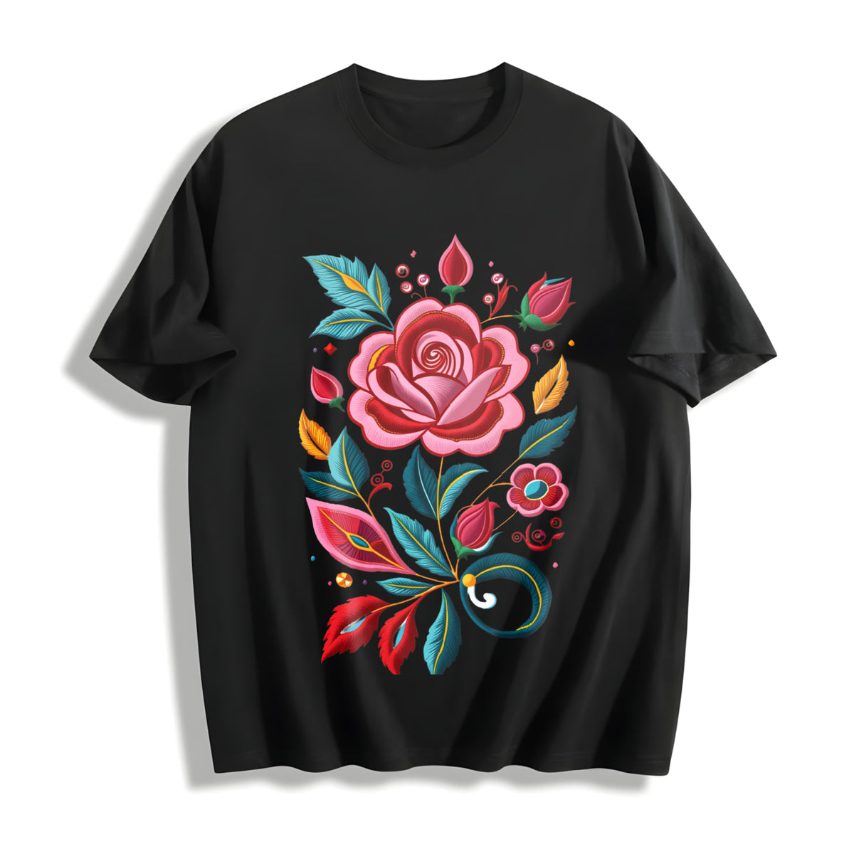 Bohemian Floral Imitation Embroidery Cotton T-Shirt in Black
