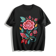 Bohemian Floral Imitation Embroidery Cotton T-Shirt in Black