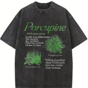 Porcupine 90s Retro Animal Facts Info Vintage Washed T-Shirt in Black