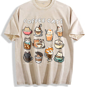 Coffee Cats Cat Drink Vintage Washed T-Shirt in Beige