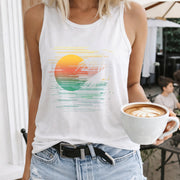 Sunset Palm Tree Gradient Lines Crew-neck Sleeveless Vest Women's Color Cotton Tank Top in White