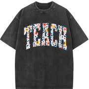 Floral Teach Teacher Vintage Washed T-Shirt in Black