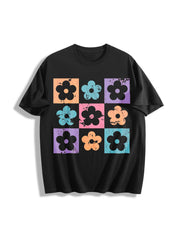 Checkered Flowers Retro Checkered Spring Cotton T-Shirt in Black