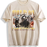 Hold on I Am Overstimulated Vintage Washed T-Shirt in Beige