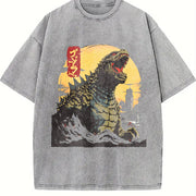 Godzillaed Japanese Monster Wave Classic O Neck Hip Hop vintage washed oversized T-shirt in Gray