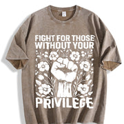 Fight for Those Without Your Privilege Fist Floral Slogan Vintage Washed T-Shirt in Brown