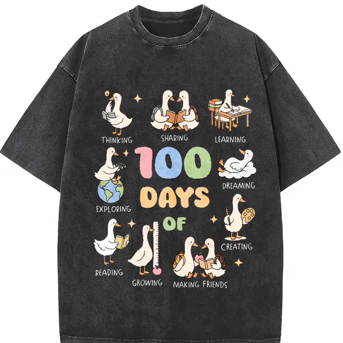 100 Days of School Goose Teacher Vintage Washed T-Shirt in Black