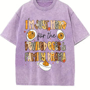 Preppy I'm Just Here for the Deviled Eggs & Family Drama Vintage Washed T-Shirt in Purple