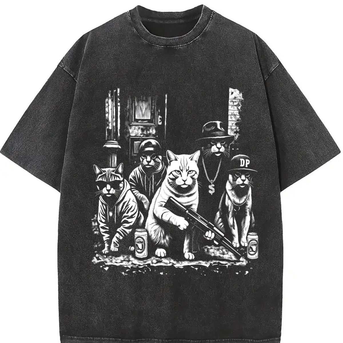 Gangsta Cats Cat Lover Vintage Washed T-Shirt in Black