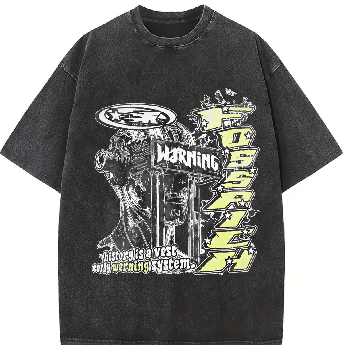 Warning Cybernetic Head Tank Vintage Washed T-Shirt in Black