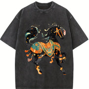 New Year's Winter Ethnic Exotic Golden Edition Black Horse Vintage Washed T-Shirt in Black