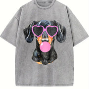 Dachshund Mama Blowing Bubble Vintage Washed T-Shirt in Gray