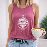 White Mandala on Black Tank Crew-neck Sleeveless Vest Women's Color Cotton Tank Top in Red
