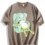 1pc Frog Sitting Sofa Vintage Washed T-Shirt in Brown