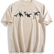 Orca Embroidered Ocean Animal Lover Vintage Washed T-Shirt in Beige