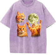 Orange Tabby Moon Retro Cute Cat Vintage Washed T-Shirt in Purple