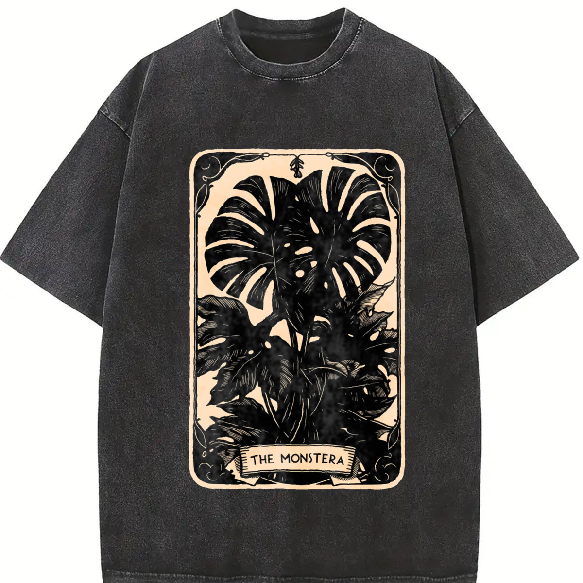 The Monstera Deliciosa Tarot Card Green Witch Plant Lover vintage washed oversized T-shirt in Black