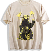 Retro Bear Moose Drinking Beer 90s Vintage Washed T-Shirt in Beige