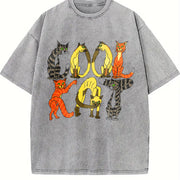 Retro 90s Cartoon Cats Cat Lover Vintage Washed T-Shirt in Gray