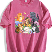 Retro Kitten 90s Cute Cats Boho Floral Cat Butterfly vintage washed oversized T-shirt in Red