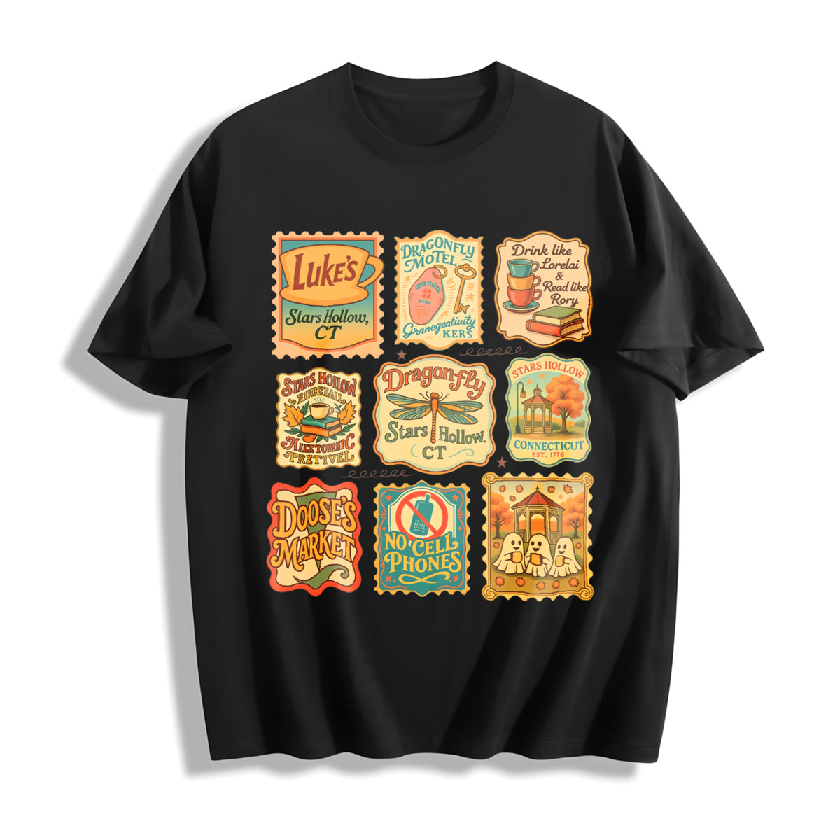 Stars Hollow Connecticut Stamp Lukes Diner Gilmore Girls Cotton T-Shirt in Black