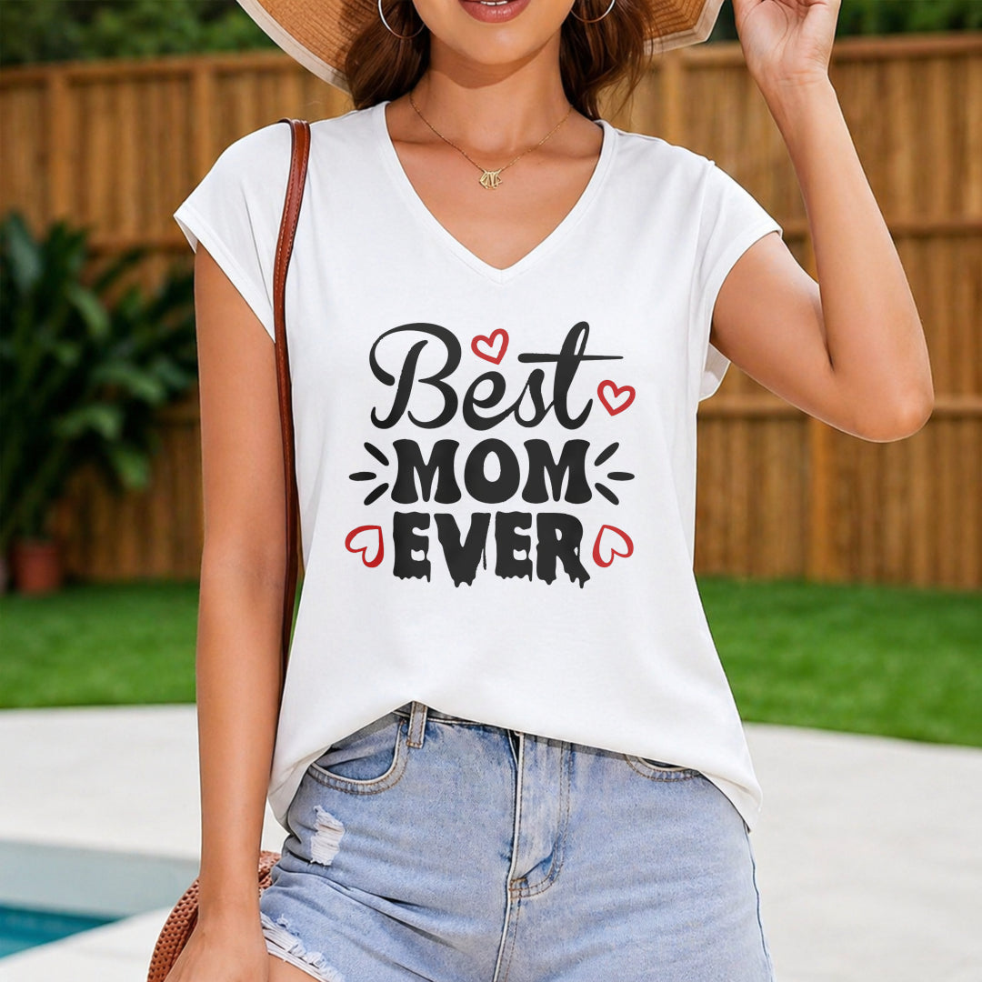 V-neck Sleeveless Best Mom Ever Heart Women's Color Cotton Tank Top in White