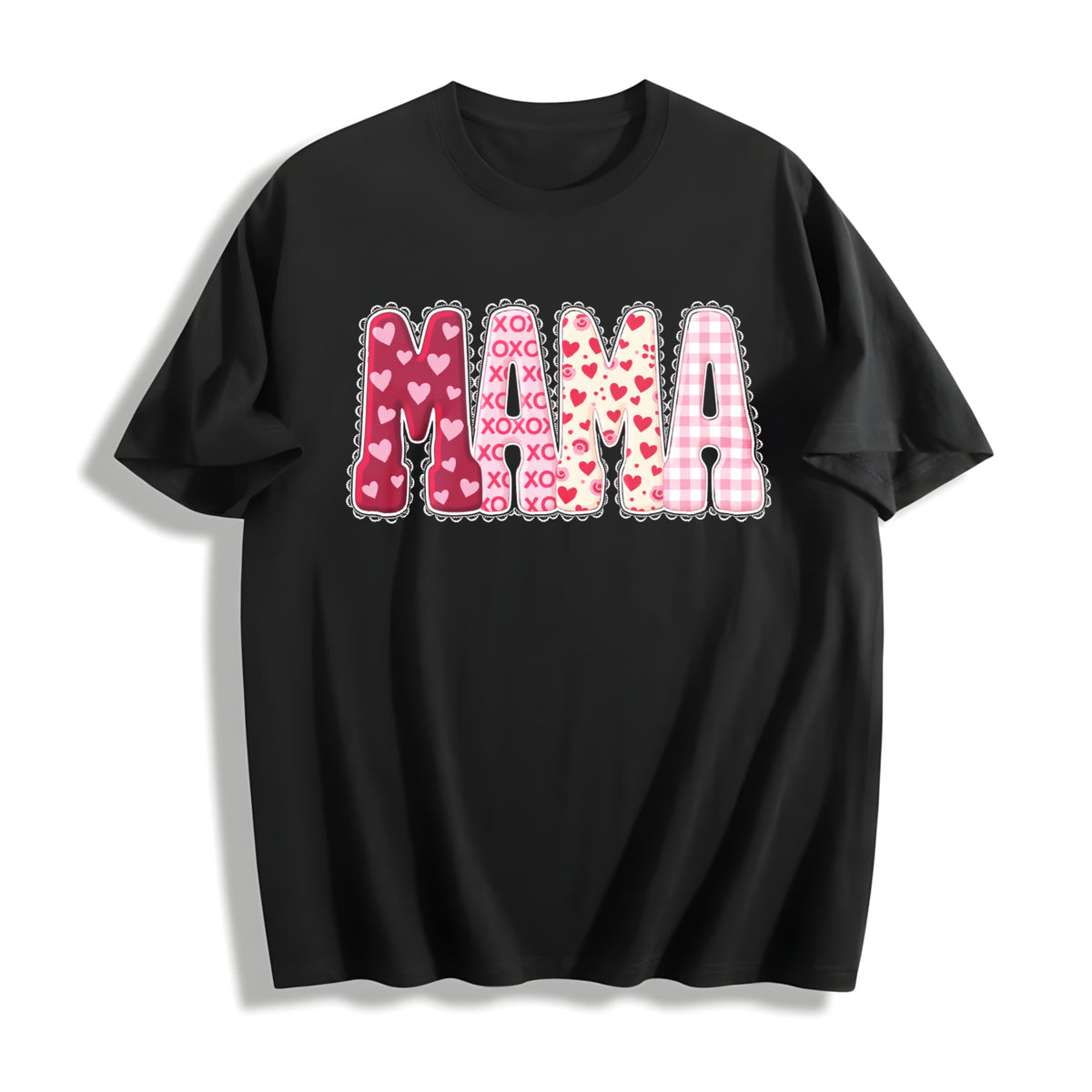 Valentines Mama Mom Love Cotton T-Shirt in Black