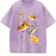 Cats in Galaxy Space Vintage Washed T-Shirt in Purple