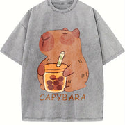 Cute Capybara & Capybara Tea Vintage Washed T-Shirt in Gray