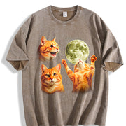Orange Tabby Moon Retro Cute Cat Vintage Washed T-Shirt in Brown