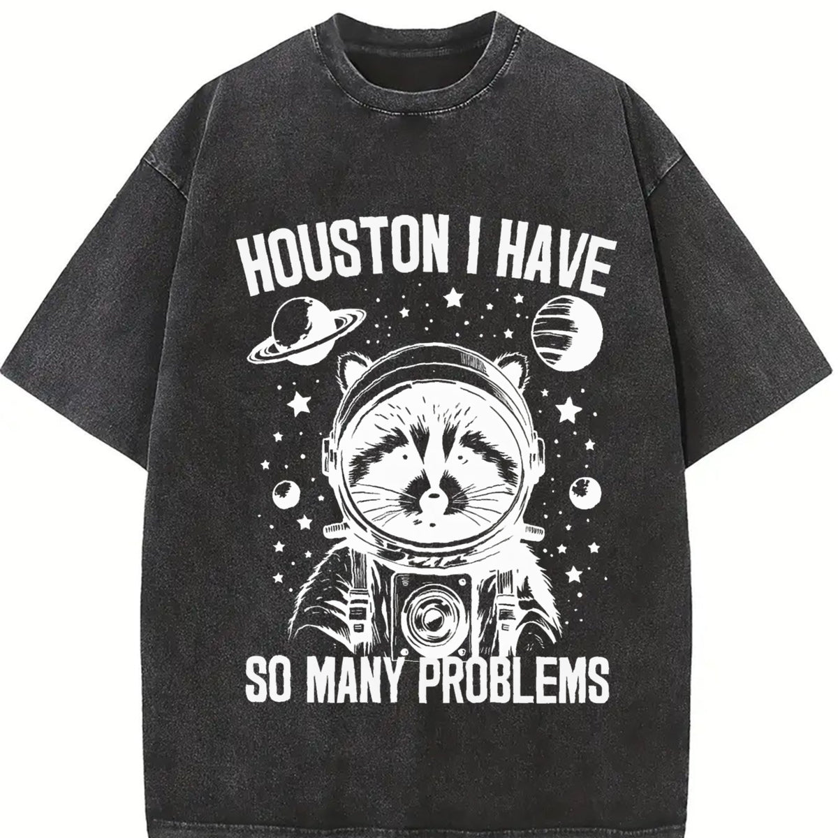 Astronaut Raccoon 90s Vintage Washed T-Shirt in Black