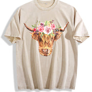 Highland Cow with Flowers Vintage Washed T-Shirt in Beige