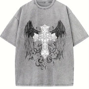 Gothic Lover + Ornate Angel Wing Cross + Sand- Feel + + Vintage Washed T-Shirt in Gray