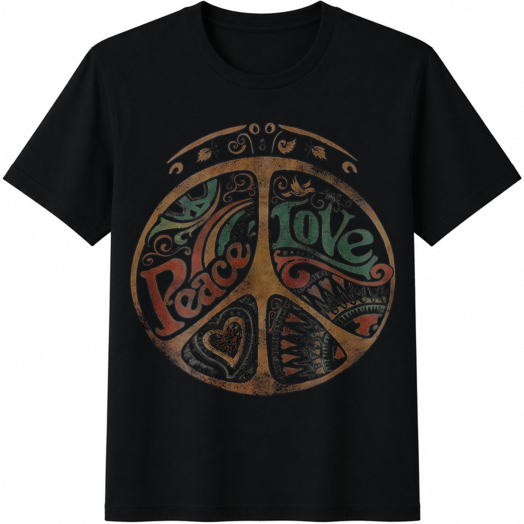 Peace Love Retro Cotton T-Shirt in Black