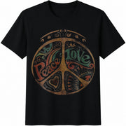 Peace Love Retro Cotton T-Shirt in Black